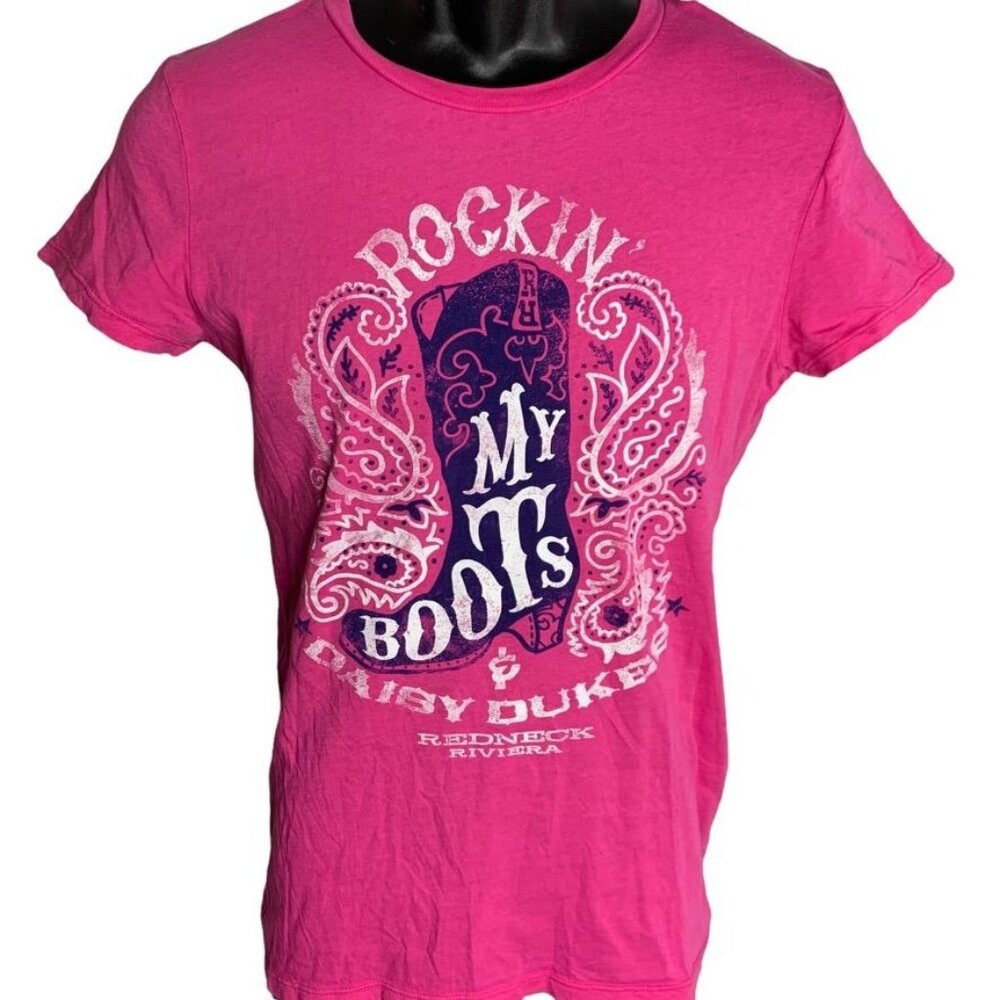 Womens Short Sleeve Rockin My Boots And Daisy Dukes Round Neck Sz XLG Pink